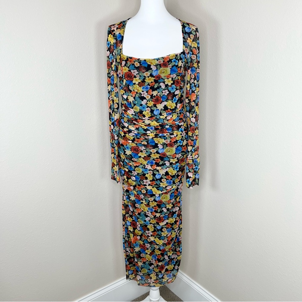 GANNI Colorful Floral SquareNeck Long Sleeve Ruched Stretch Mesh Midi Dress Sz L - Picture 5 of 15